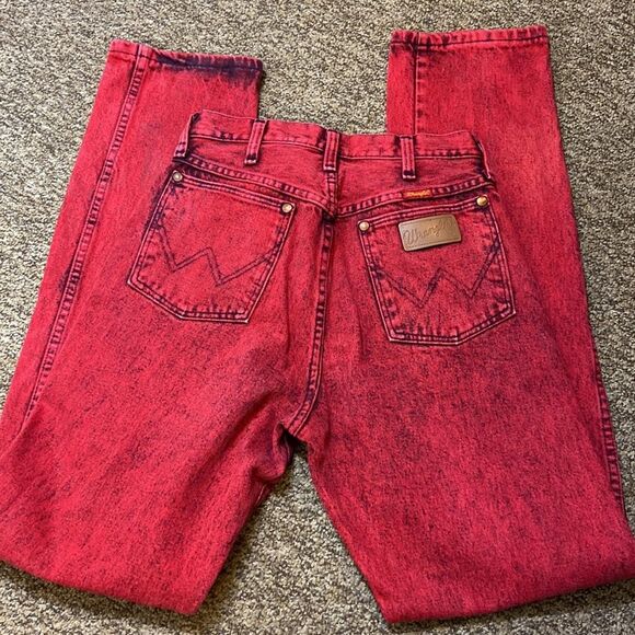 Rare Vintage Wrangler Red Acid Wash 💯 Cotton Made In USA Size 7 X 34 Jeans - Picture 1 of 10